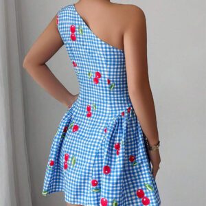Elenzga Robe courte asymétrique à encolure d'une épaule ajustée à la taille avec imprimé carreaux et cerises pour femmes, élégante