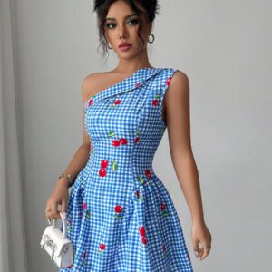 Elenzga Robe courte asymétrique à encolure d'une épaule ajustée à la taille avec imprimé carreaux et cerises pour femmes, élégante