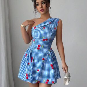 Elenzga Robe courte asymétrique à encolure d'une épaule ajustée à la taille avec imprimé carreaux et cerises pour femmes, élégante