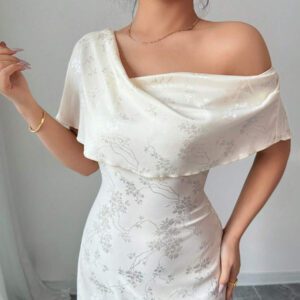 Chiquease Nouvelle robe longue de style chinois en jacquard avec épaule asymétrique et taille cintrée Top de gamme