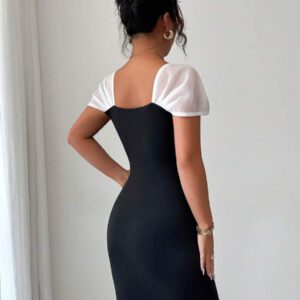 Elenzga Robe élégante et romantique pour femmes, sans manches, avec patchwork, col en cœur, taille ajustée et couleurs contrastées pour l'Halloween