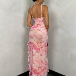 SHEIN BAE Robe d'été pour femme en maille à imprimé marbre et fleurs avec fente très haute, ourlet à volants et bretelles ajustables