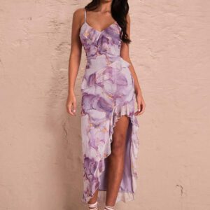 SHEIN BAE Robe d'été pour femme en maille à imprimé marbre et fleurs avec fente très haute, ourlet à volants et bretelles ajustables