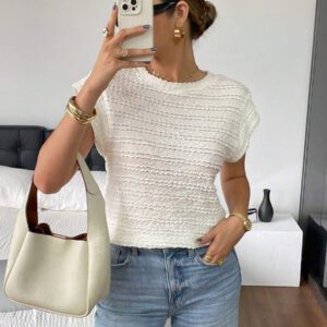 SHEIN Frenchy T-shirt casual d'été pour femme, col rond, manches courtes type chauve-souris, couleur unie