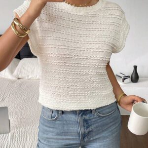 SHEIN Frenchy T-shirt casual d'été pour femme, col rond, manches courtes type chauve-souris, couleur unie