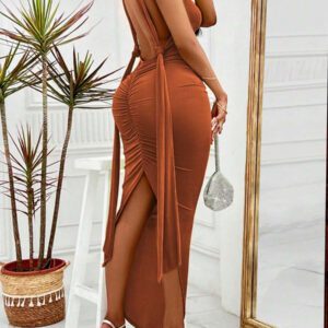 Robe longue d'été sexy pour femme avec dos nu, bretelles et fronces pour soirée