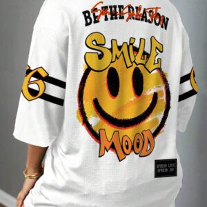 Slaydiva 66 T-shirt de sport à manches courtes imprimé de lettres et de chiffres souriants décontractés pour femmes, convient pour l'été