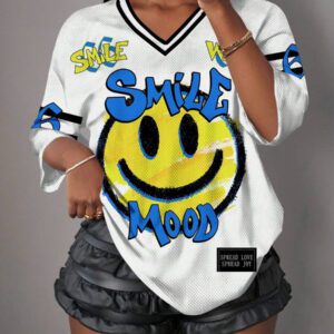 Slaydiva 66 T-shirt de sport à manches courtes imprimé de lettres et de chiffres souriants décontractés pour femmes, convient pour l'été