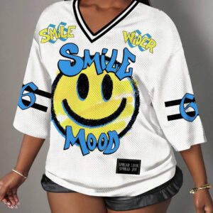 Slaydiva 66 T-shirt de sport à manches courtes imprimé de lettres et de chiffres souriants décontractés pour femmes, convient pour l'été