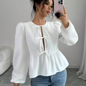 INAWLY Chemise à manches longues casual à nœud devant et ourlet volant, couleur unie. Top à péplum pour le printemps et l'été