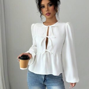 INAWLY Chemise à manches longues casual à nœud devant et ourlet volant, couleur unie. Top à péplum pour le printemps et l'été