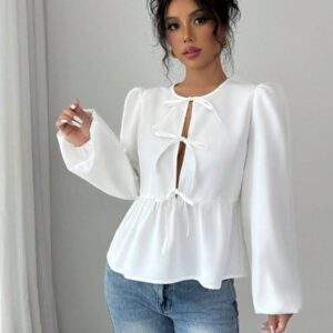 INAWLY Chemise à manches longues casual à nœud devant et ourlet volant, couleur unie. Top à péplum pour le printemps et l'été