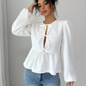 INAWLY Chemise à manches longues casual à nœud devant et ourlet volant, couleur unie. Top à péplum pour le printemps et l'été