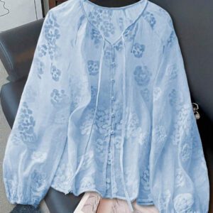 SHEIN Chemise décontractée à manches longues avec nœud à l'avant pour femmes, convient pour les vacances