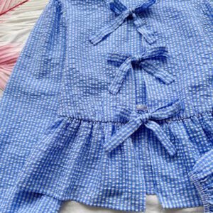 Soleia Blouse femme à manches bouffantes, col rond, avec nœud rayé et broderie, style printemps/été doux. Convient pour la plage, les sorties, le thé l'après-midi, les vacances, les festivals de musique, style bohème