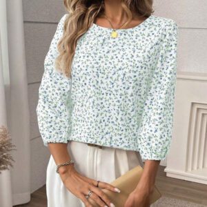 EMERY ROSE 1 pièce Chemise casual à manches lanternes avec imprimé floral, automne, Top à manches trois-quarts