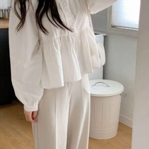 DAZY Chemisier blanc à manches longues avec dentelle contrastante, idéal pour le printemps