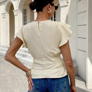 Siren Gaze Blouse évasée à col rond, manches bouffantes, taille élastique et volants, de couleur unie pour femme