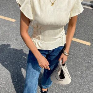 Siren Gaze Blouse évasée à col rond, manches bouffantes, taille élastique et volants, de couleur unie pour femme
