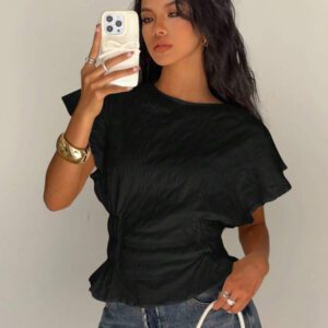 Siren Gaze Blouse évasée à col rond, manches bouffantes, taille élastique et volants, de couleur unie pour femme