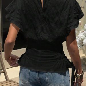Siren Gaze Blouse évasée à col rond, manches bouffantes, taille élastique et volants, de couleur unie pour femme