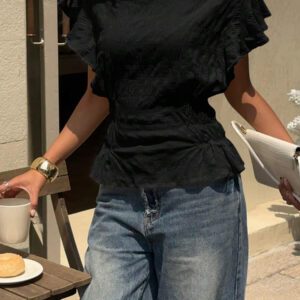Siren Gaze Blouse évasée à col rond, manches bouffantes, taille élastique et volants, de couleur unie pour femme