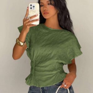 Siren Gaze Blouse évasée à col rond, manches bouffantes, taille élastique et volants, de couleur unie pour femme