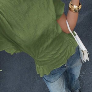 Siren Gaze Blouse évasée à col rond, manches bouffantes, taille élastique et volants, de couleur unie pour femme