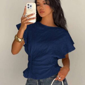 Siren Gaze Blouse évasée à col rond, manches bouffantes, taille élastique et volants, de couleur unie pour femme