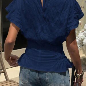 Siren Gaze Blouse évasée à col rond, manches bouffantes, taille élastique et volants, de couleur unie pour femme