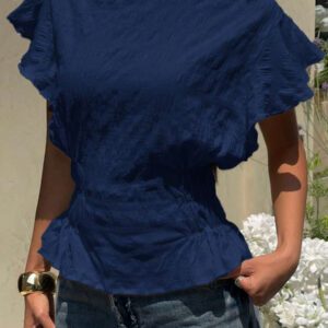 Siren Gaze Blouse évasée à col rond, manches bouffantes, taille élastique et volants, de couleur unie pour femme