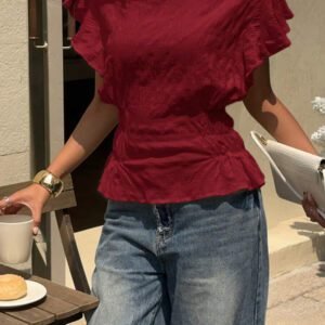 Siren Gaze Blouse évasée à col rond, manches bouffantes, taille élastique et volants, de couleur unie pour femme