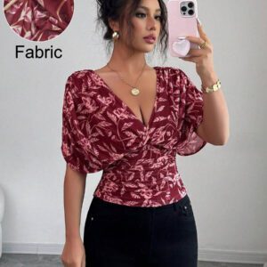 Elenzga Chemisier plissé à manches courtes évasées et imprimé floral mode pour femmes en été