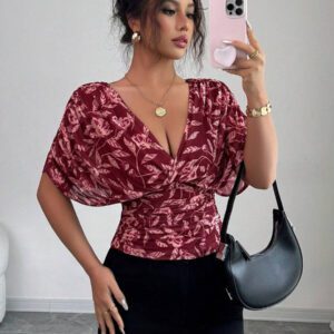 Elenzga Chemisier plissé à manches courtes évasées et imprimé floral mode pour femmes en été