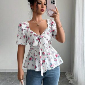 Elenzga Chemise Romantique pour Femmes à Manches Lanternes avec Imprimé Floral Discret, Attache à la Poitrine et à la Taille, Printemps/Été