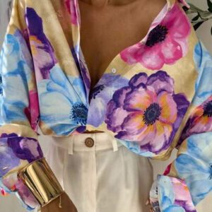 Nouveau style col rabattu, blouse ample, décontractée et , imprimé floral rétro, boutons, manches longues colorées pour femmes, printemps été automne hiver
