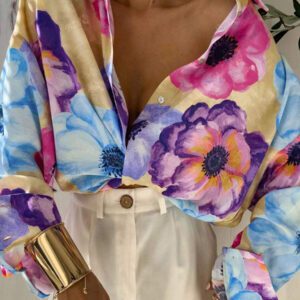 Nouveau style col rabattu, blouse ample, décontractée et , imprimé floral rétro, boutons, manches longues colorées pour femmes, printemps été automne hiver