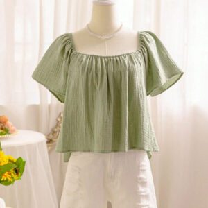 Soleia Blouse décontractée d'été pour femme, couleur unie, texture plissée, manche courte. Hauts à manches courtes