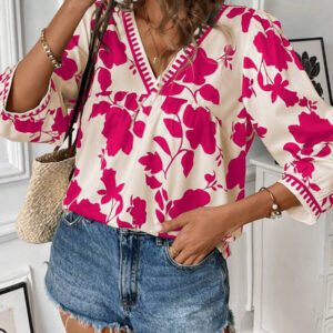 Calvaya Chemise décontractée mi-longue à col V avec imprimé floral pour femmes