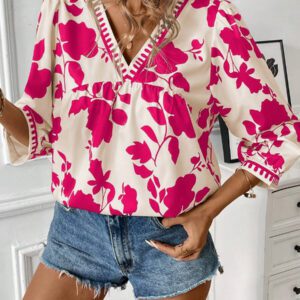 Calvaya Chemise décontractée mi-longue à col V avec imprimé floral pour femmes
