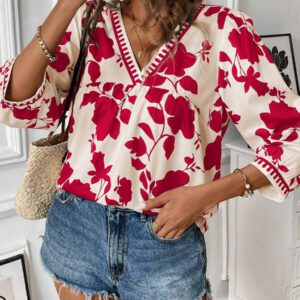 Calvaya Chemise décontractée mi-longue à col V avec imprimé floral pour femmes