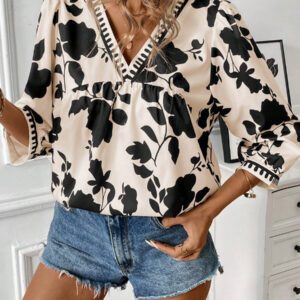 Calvaya Chemise décontractée mi-longue à col V avec imprimé floral pour femmes