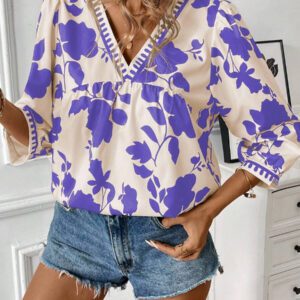 Calvaya Chemise décontractée mi-longue à col V avec imprimé floral pour femmes