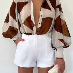 INAWLY Chemise décontractée à manches lanternes et simple boutonnage avec imprimé géométrique pour femmes