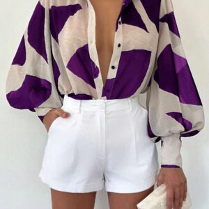 INAWLY Chemise décontractée à manches lanternes et simple boutonnage avec imprimé géométrique pour femmes