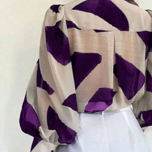 INAWLY Chemise décontractée à manches lanternes et simple boutonnage avec imprimé géométrique pour femmes