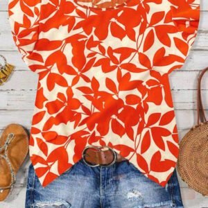 SHEIN Tall Chemise ample et ample à imprimé feuilles oranges décontractée pour vacances, manches ballons, pour femmes, printemps et été