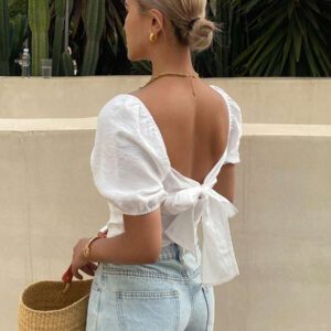 DAZY Nouveau chemisier d'été de vacances à la plage avec décoration nœud papillon pour femme, débardeur à encolure dégagée