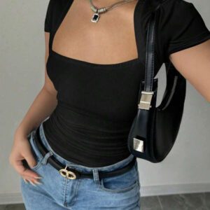 Gloray T-shirt en tricot élastique pour femmes avec manches raglan moulantes, col en U, taille froncée, , pour printemps/été