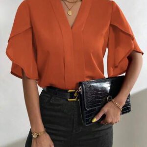 SHEIN Clasi Blouse Unicolore Manches Tulipe Col En V